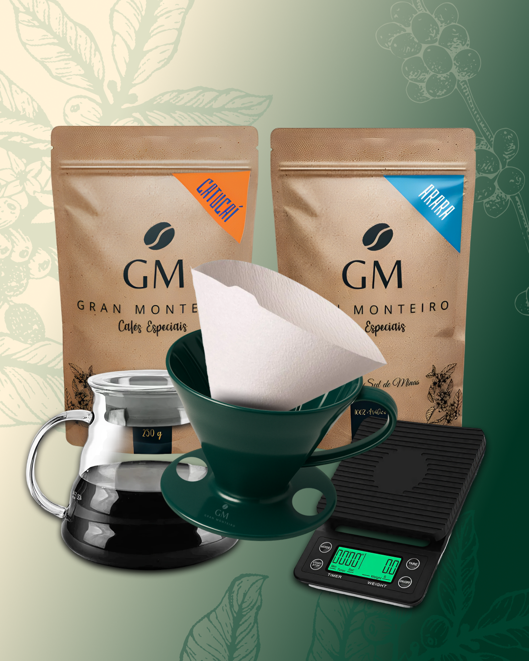 Kit V60 - 1 Arara 250g + 1 Catucaí 250g + 1 V60 Personalizado + 40 filtros de papel 02 + Jarra de vidro com tampa 600ml + Balança de precisão digital