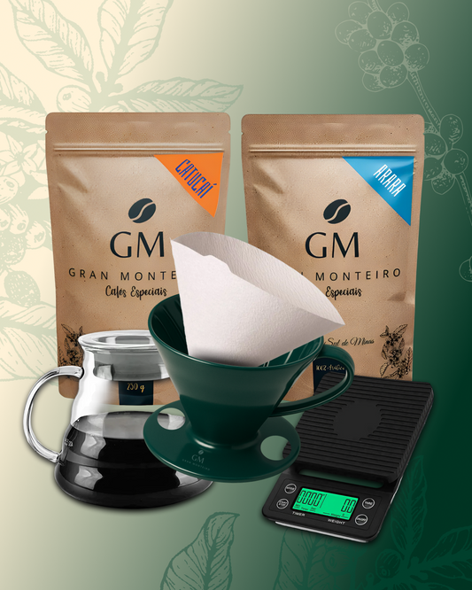 Kit V60 - 1 Arara 250g + 1 Catucaí 250g + 1 V60 Personalizado + 40 filtros de papel 02 + Jarra de vidro com tampa 600ml + Balança de precisão digital