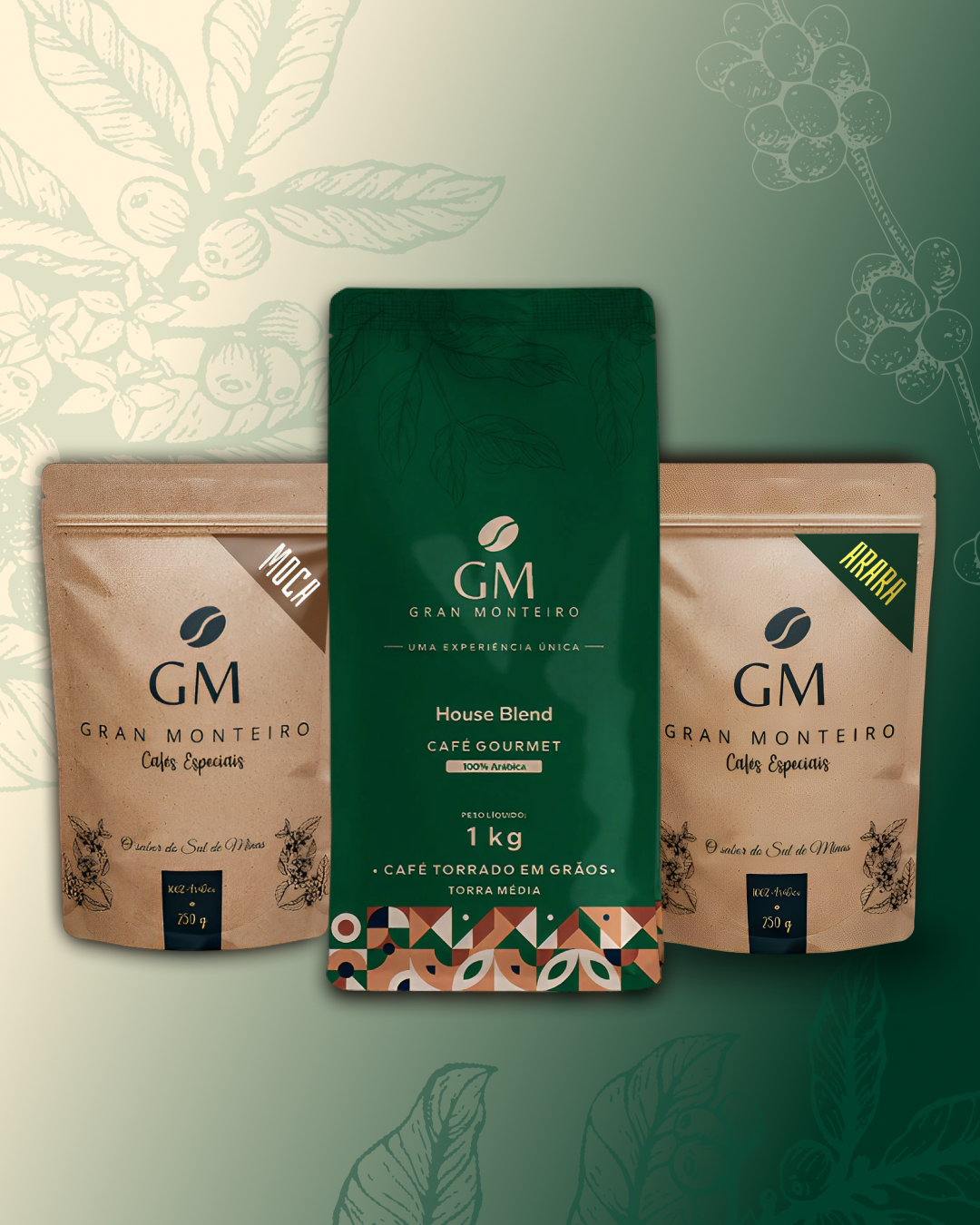 Kit 1 House Blend Gourmet 1Kg em grãos + 1 Moca 250g + 1 Arara 250g