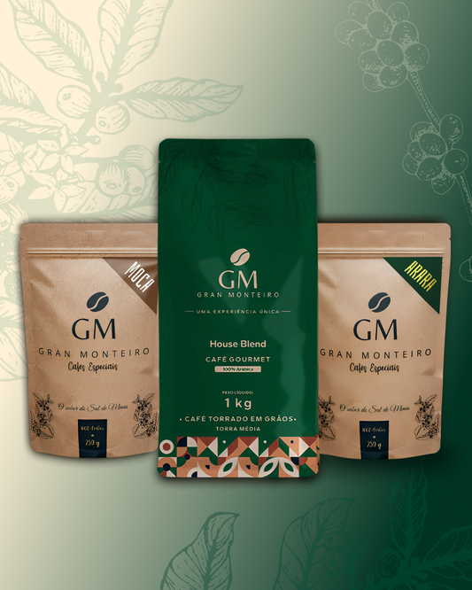 Kit 1 House Blend Gourmet 1Kg em grãos + 1 Moca 250g + 1 Arara 250g